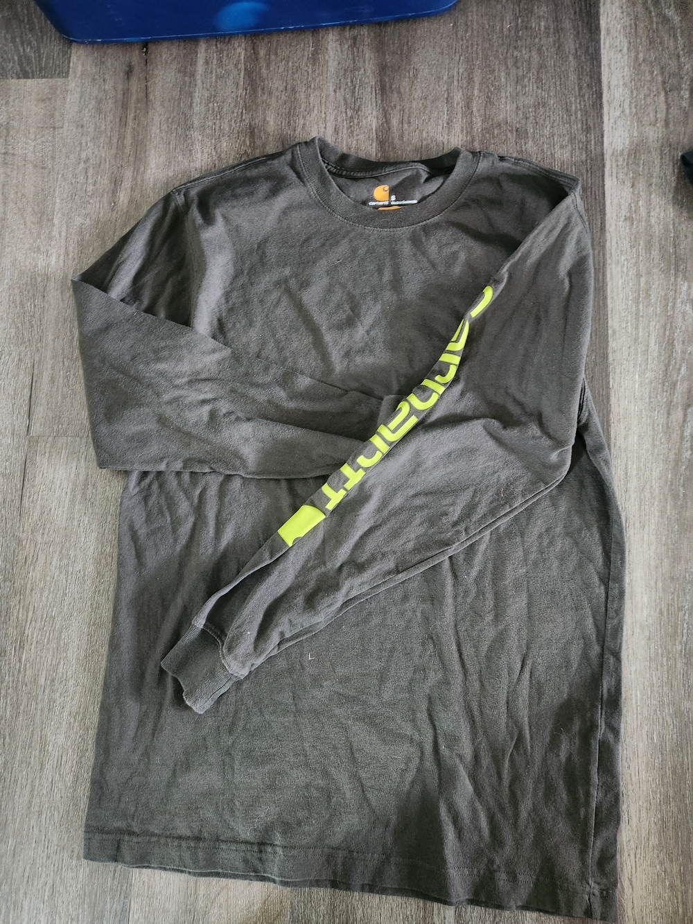 Carhartt Men’s Long Sleeve Crew Tee - Grey with Neon Yellow Sleeve Logo Small
